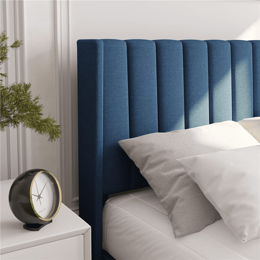 Topeakmart Queen Platform Bed with Upholstered Headboard & Mattress Foundation, Navy Blue
