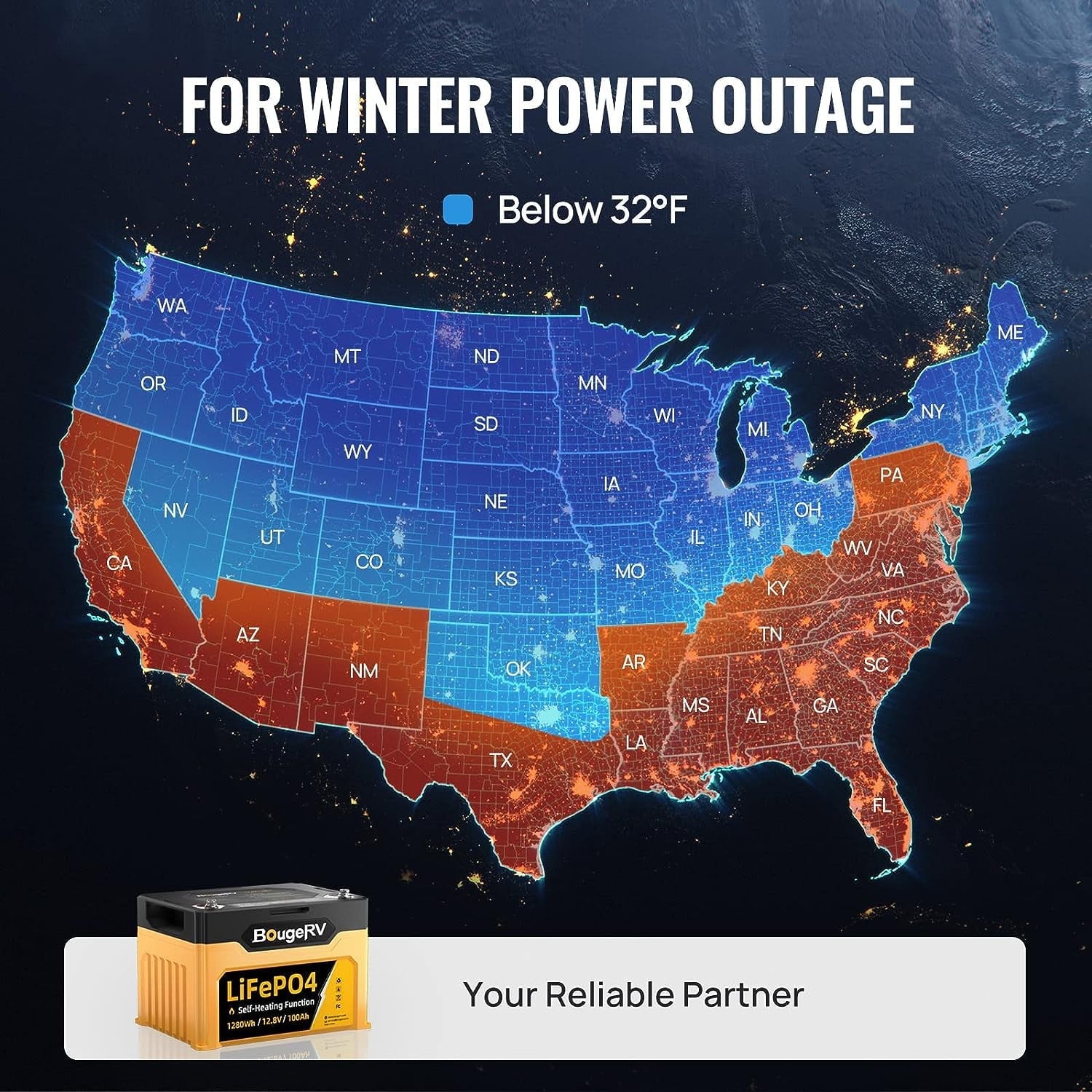 BougeRV 12V 100Ah Self-Heating LiFePO4 Battery, Low Temperature Protection, 1280Wh Deep Cycle Lithium Battery, BMS, for RV Solar Camper Marine