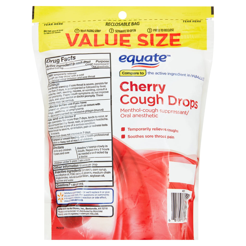 Equate Value Size Cherry Cough Drops with Menthol, 160 Count