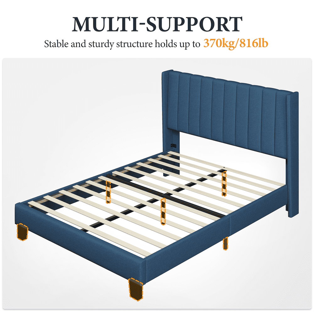 Topeakmart Queen Platform Bed with Upholstered Headboard & Mattress Foundation, Navy Blue