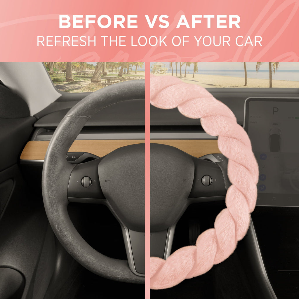 Carbella Twisted Fur Soft Pink Steering Wheel Cover, Standard 15 Inch Size Fits Most Vehicles, Fuzzy Fluffy Car Steering Cover with Soft Faux Fur Touch