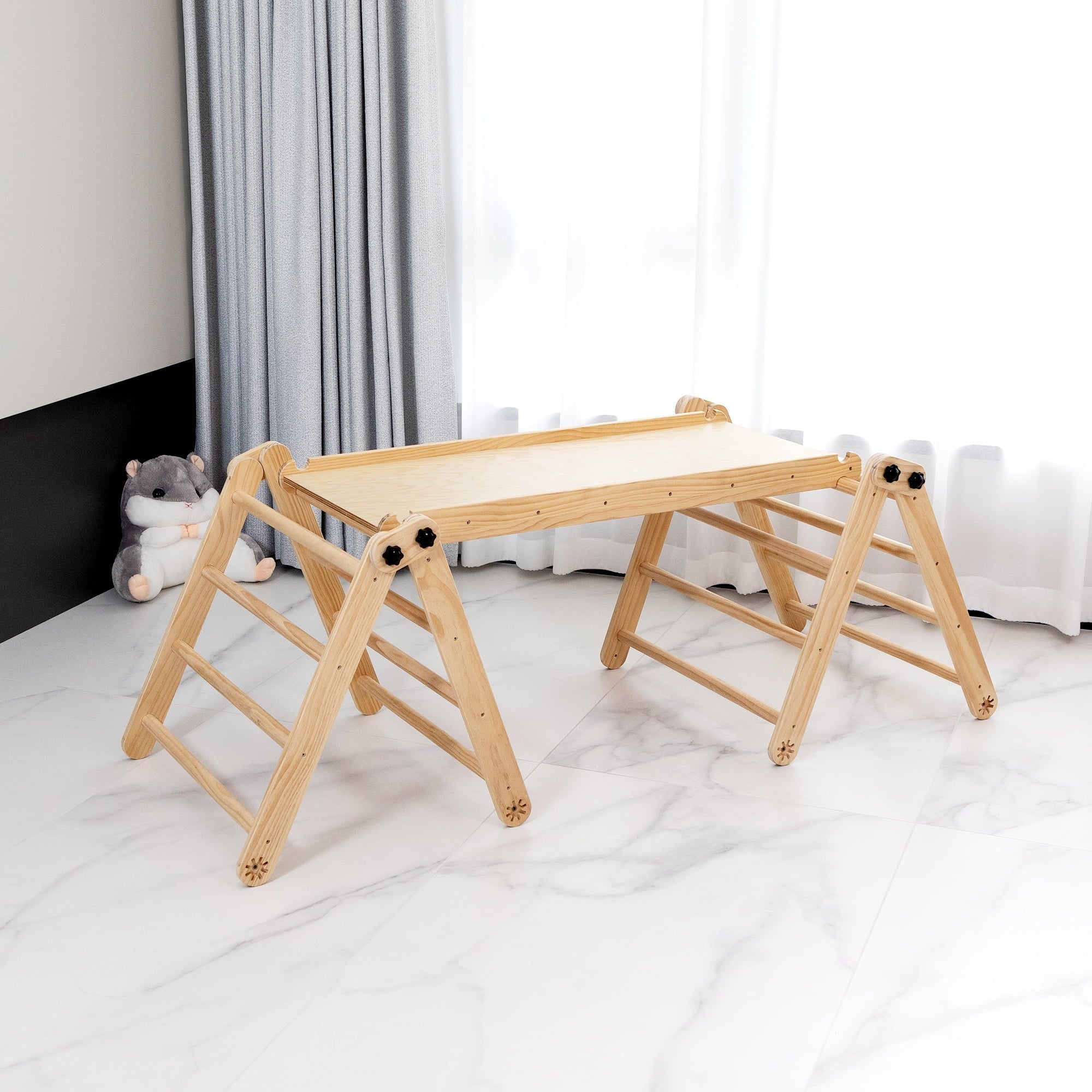 Jaxpety Wooden Triangle Climber Set with Ladder and Canvas Tent, Toddler Indoor Climbing Toys for Kids Aged 3-8 Years Old, Natural Wood