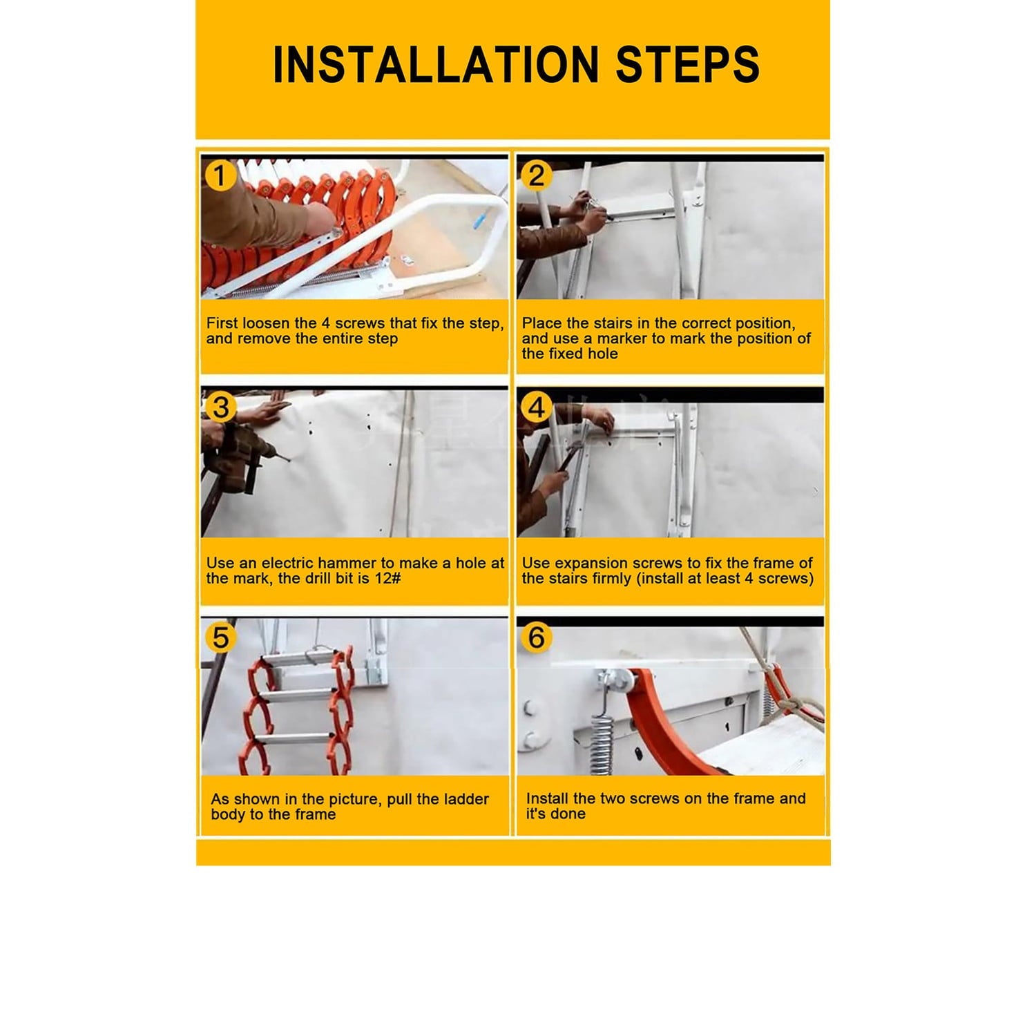 Loft Telescoping Ladder Stairs, 114-122" Wall Mounted Folding Ladder Scissor Structure Collapsible Attic Extendable Stairs,White/Black 12 Steps