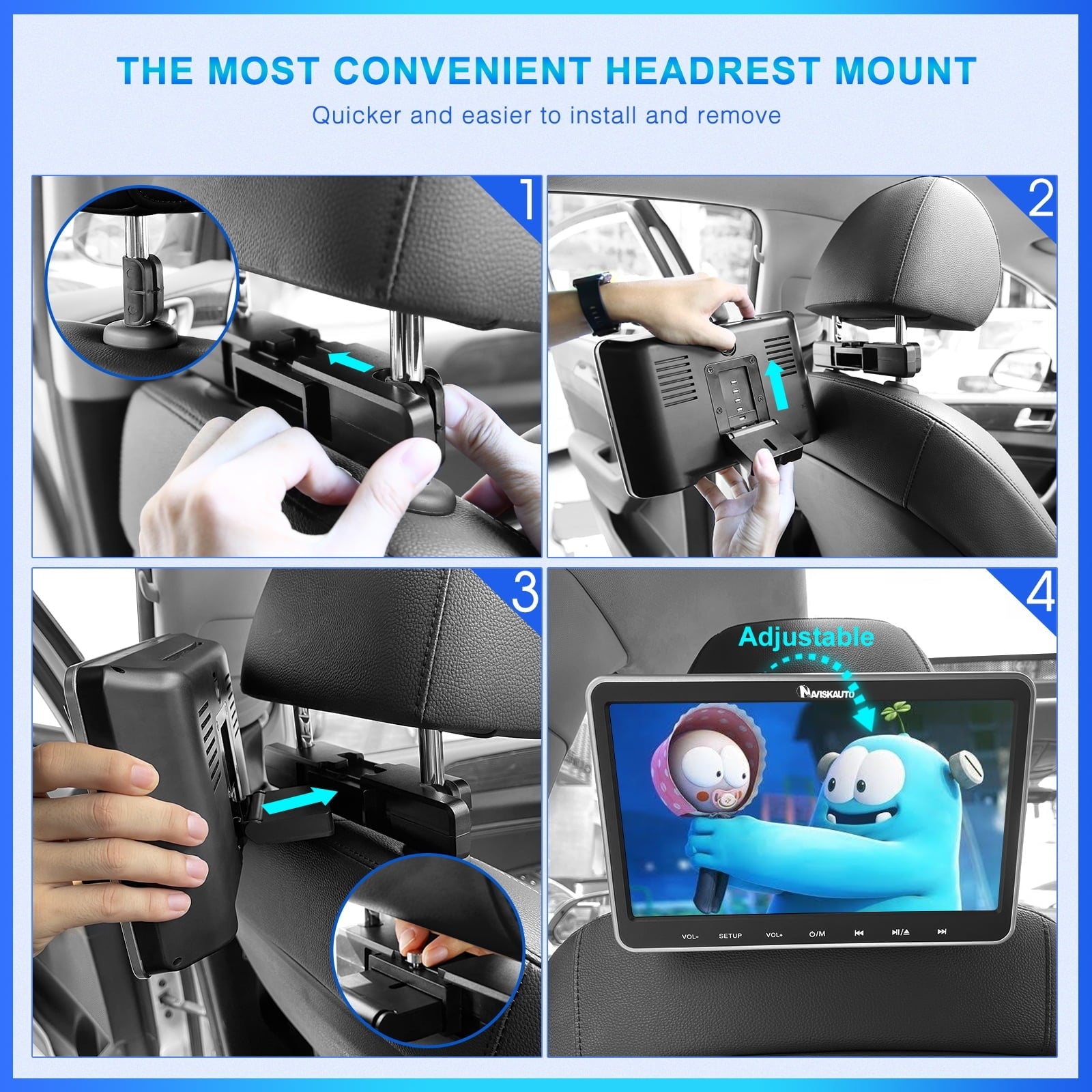 NAVISKAUTO 10.1" Portable DVD Player for Car with Headrest Mount Bracket HDMI Input Region Free Last Memory