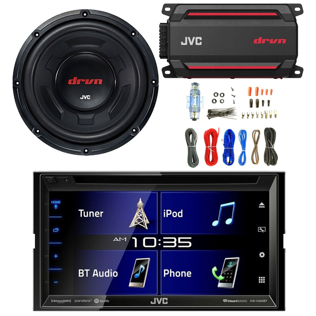 JVC KW-V350BT Double DIN AM/FM Radio Bluetooth CD/DVD Player Receiver Bundle Combo with 12" 1800W Peak Power Car Audio Subwoofer, 600W Max Power Waterproof Digital Mono Amplifier, Amp Wiring Kit
