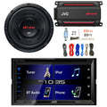 JVC KW-V350BT Double DIN AM/FM Radio Bluetooth CD/DVD Player Receiver Bundle Combo with 12" 1800W Peak Power Car Audio Subwoofer, 600W Max Power Waterproof Digital Mono Amplifier, Amp Wiring Kit