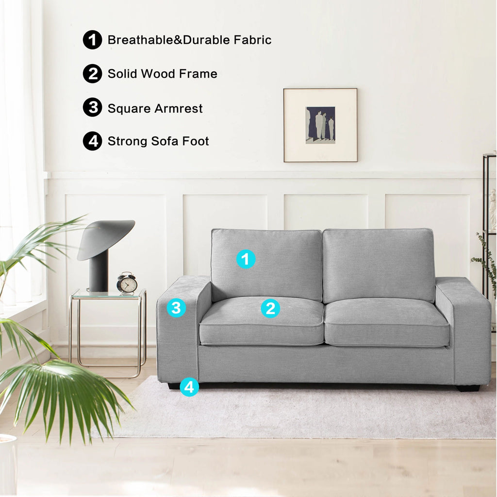 INGALIK 88.58" Modern Loveseat Sofa for Living Room, Chenille Sofa and Couch with Square Armrests, Removable Sofa Cushions and Detachable Sofa Cover, Easy to Install, 3 Seater, Light Grey