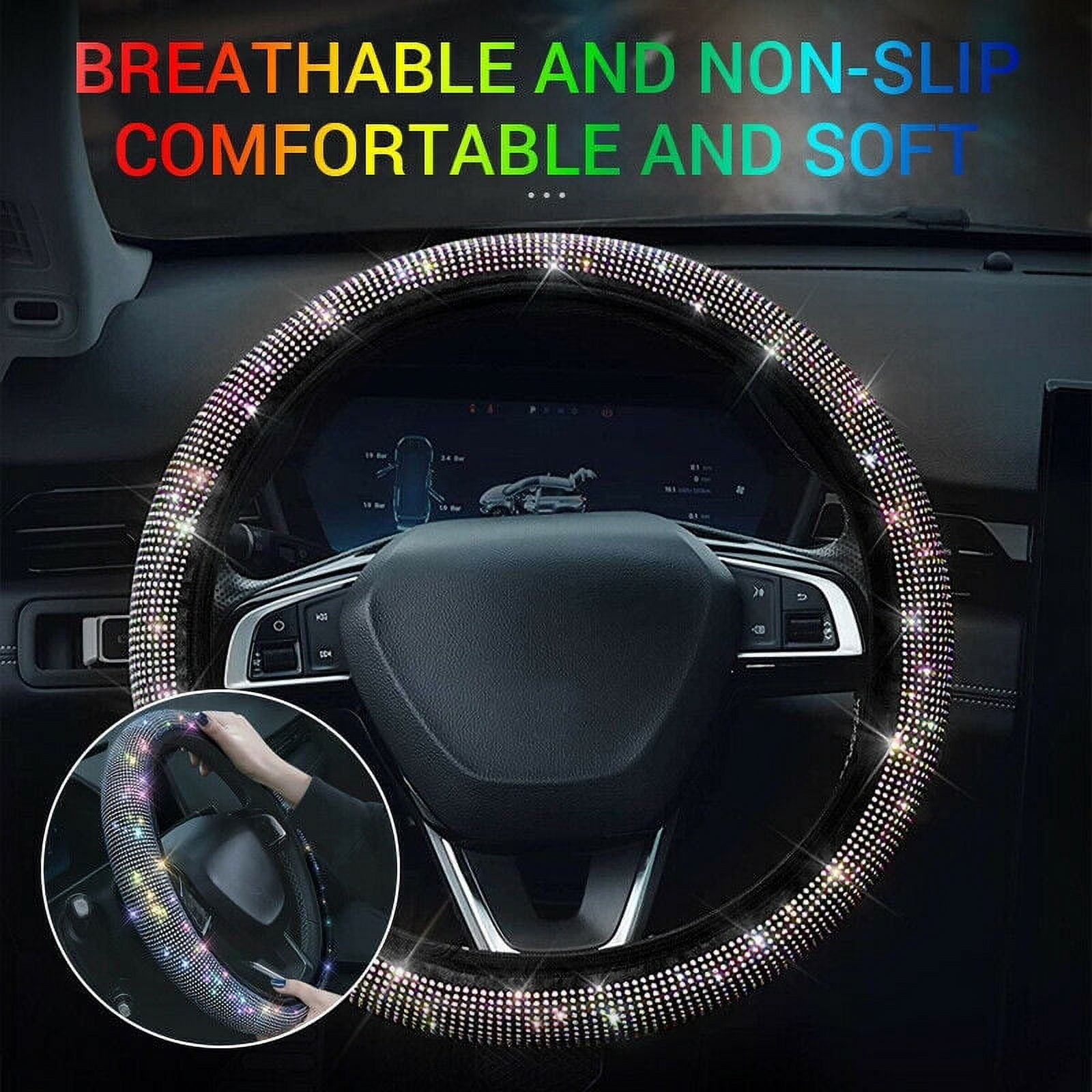 BAMILL Car Bling Steering Wheel Cover for Women Girls,15inch Universal Crystal Rhinestone Bling Anti-Slip Wheel Protector