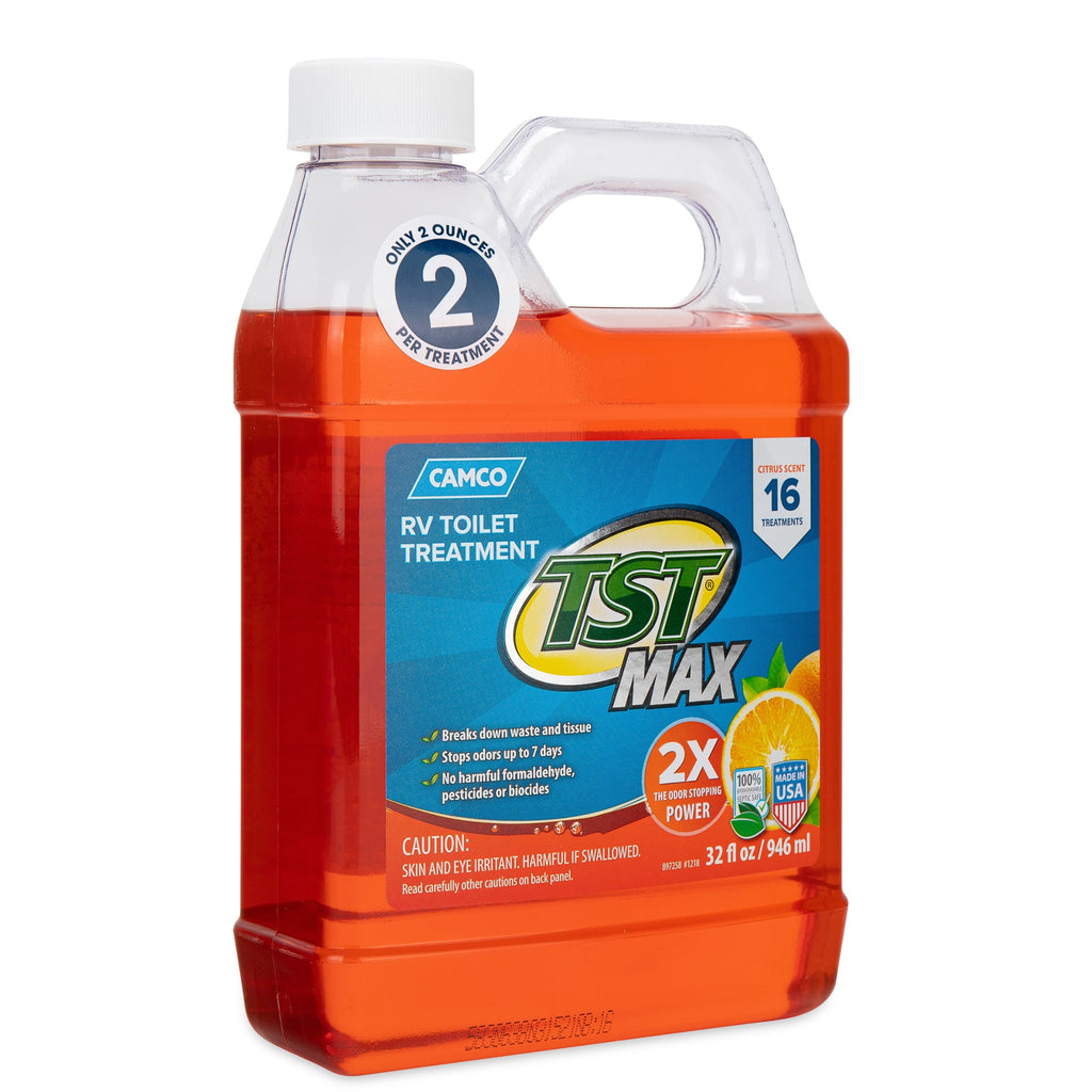 Camco TST MAX RV Toilet Treatment | Features an Ultra Concentrated Formula with Orange Citrus Scent | Stop Odors and Break Down Waste in Camper or Marine Waste Holding Tanks | 32oz. (41192)