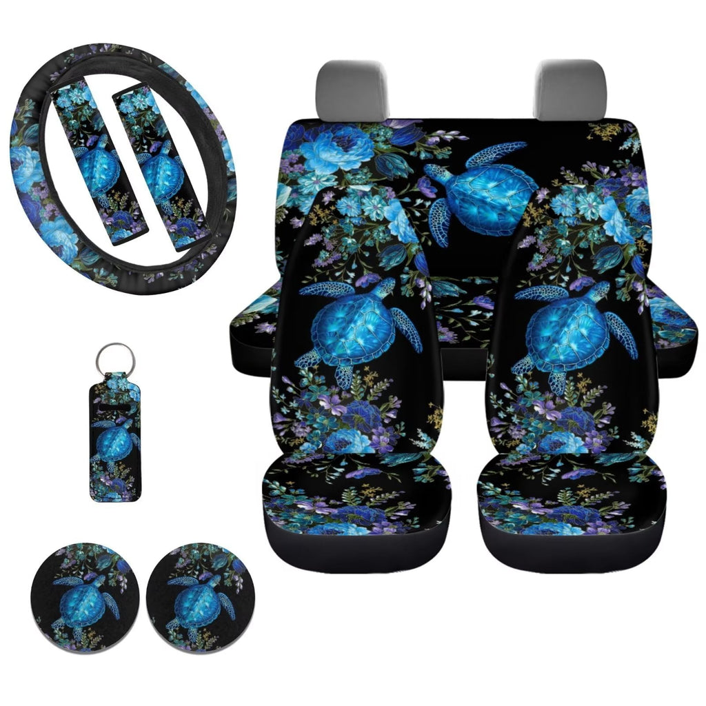 Kuiaobaty Hibiscus Turtle Car Seat Cover Set Accessories with Universal 1pcs Auto Steering Wheel Cover,2pcs Seatbelt Strap Cover,2pcs Cup Mats,1pcs Chapstick Keychain,4pcs Front Rear Seat Cover Blue