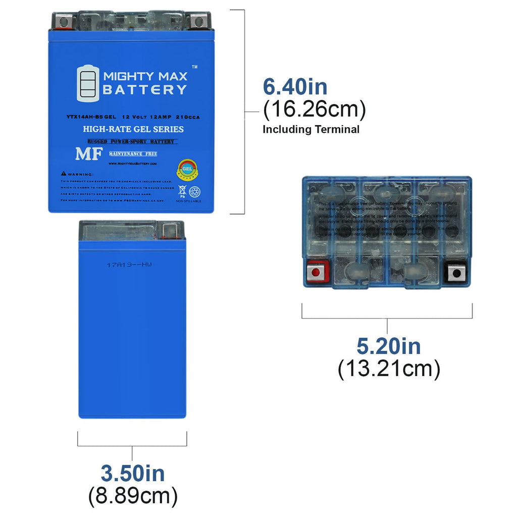 YTX14AH-BS GEL Battery for Kawasaki Mule 500, 520, 550 300 All Years