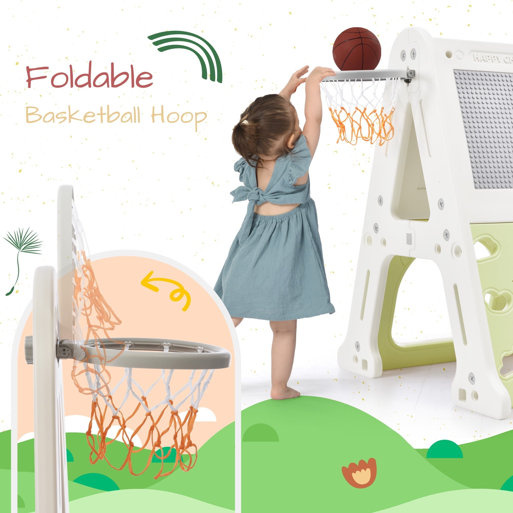 DORROM 5-in-1 Toddler Basketball Hoop Set, Kids Playground Climber Playset with Tunnel, Climber, Whiteboard,Toy Building Block Baseplates, Combination for Babies