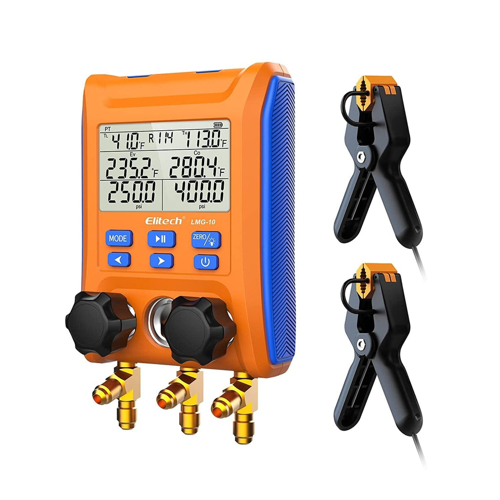Elitech Digital Manifold Gauge HVAC 2-Way Valve with Thermometer Clamps