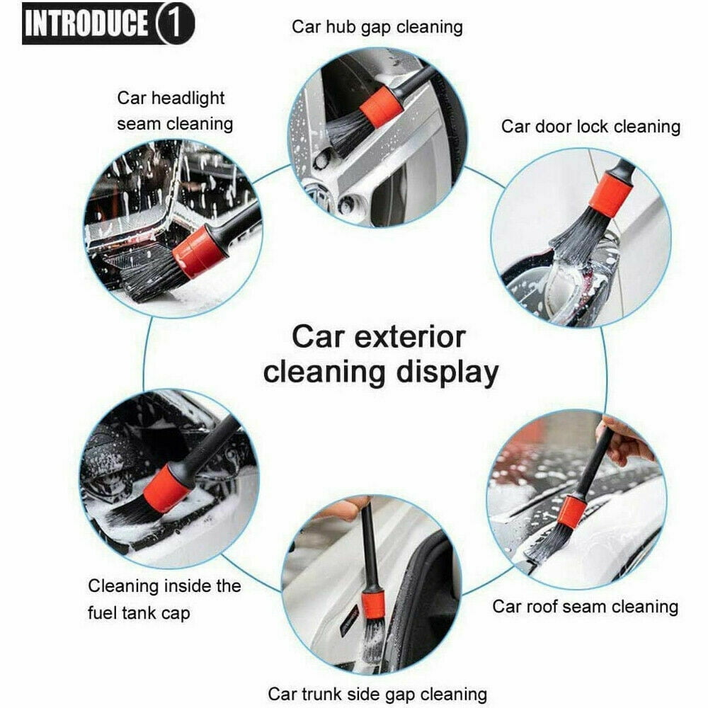 Detailing Brush Kit (Set of 5), Natural Boar Hair Mixed Fibre Beech Handle, Automotive Cleaning Brushes Wet & Dry Use Scratch Free for Interior Exterior Leather Emblem Wheel Tire Nut