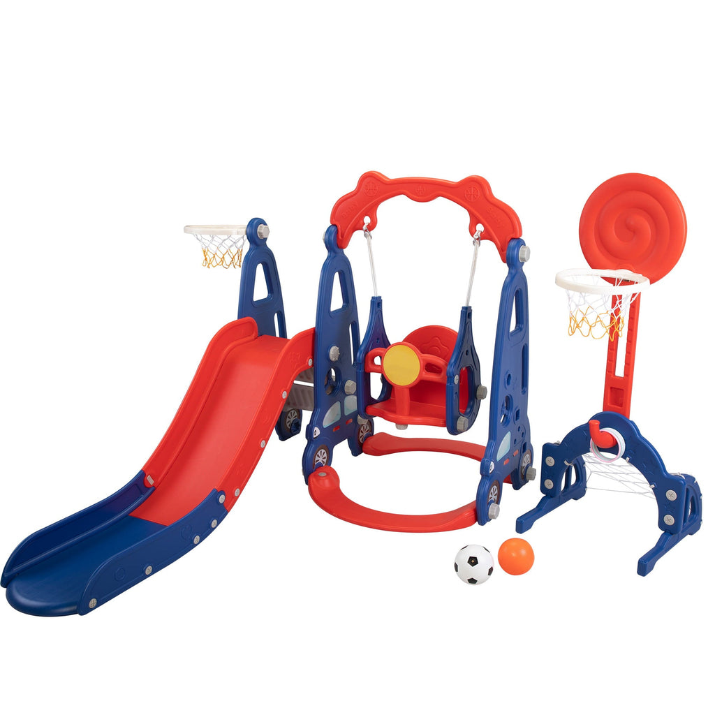 Kids-gift! 5 in 1 Slide and Swing Playing Set, Toddler Extra-Long Slide with 2 Basketball Hoops, Football, Ringtoss, Indoor Outdoor