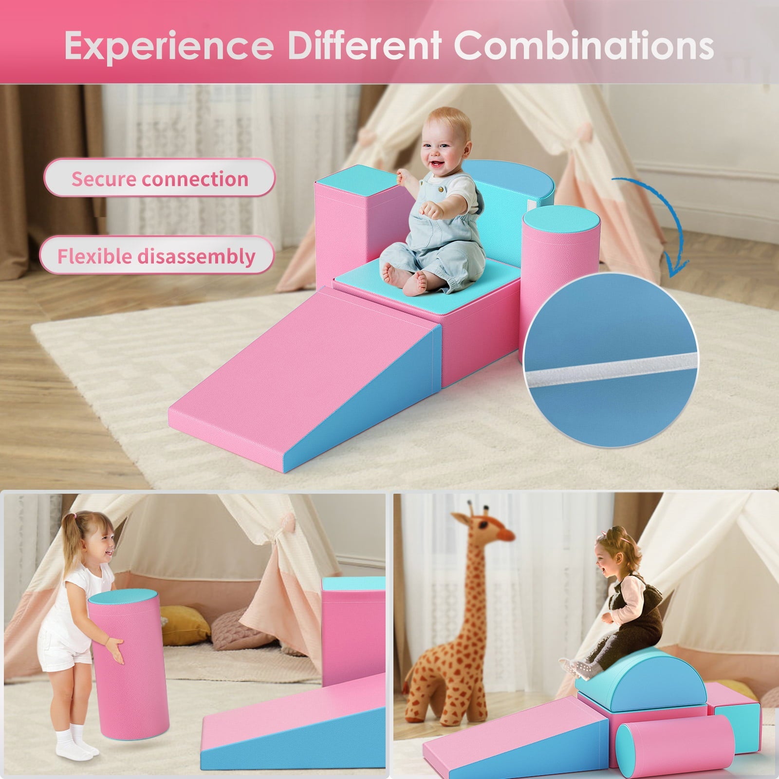 Climb and Crawl Activity Play Set, Soft Foam Climber 5-Piece Sets Crawl and Climb Foam, Toddler Climbing Toys Indoor with Slide Stairs and Ramp Indoor Climbing Toys for Kids and Child(Light Blue&Pink)