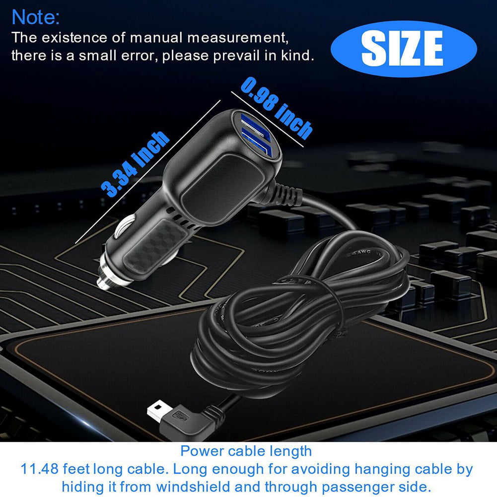 Dash Cam Car Charger Mini USB Cable 11.5ft Power Cord Supply for DVR Camera GPS