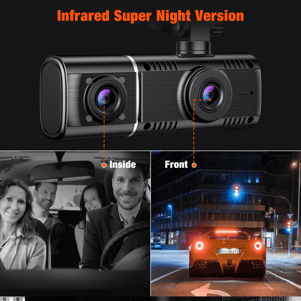 TOGUARD 3 Channel  Dash Cam 1080P Dash Cam Front and Rear， with 64GB SD Card Infrared Night Vision Car Camera, WDR, Emergency Lock, Parking Monitor