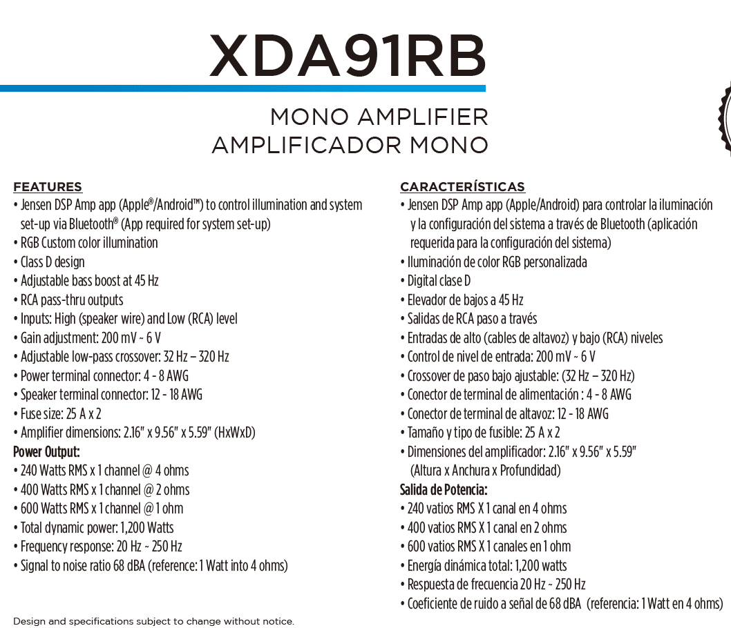 JENSEN XDA91RB Class-D Mono Amplifier with 240 Watts x 1 RMS,1200 Watts Peak Power