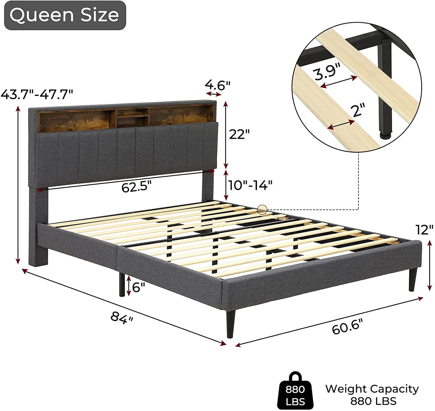 ADORNEVE Queen Size Platform Bed Frame, Modern Fabric Upholstered Bed with Power Strip and Storage Headboard Height Adjustable, No Box Spring Needed, Dark Gray