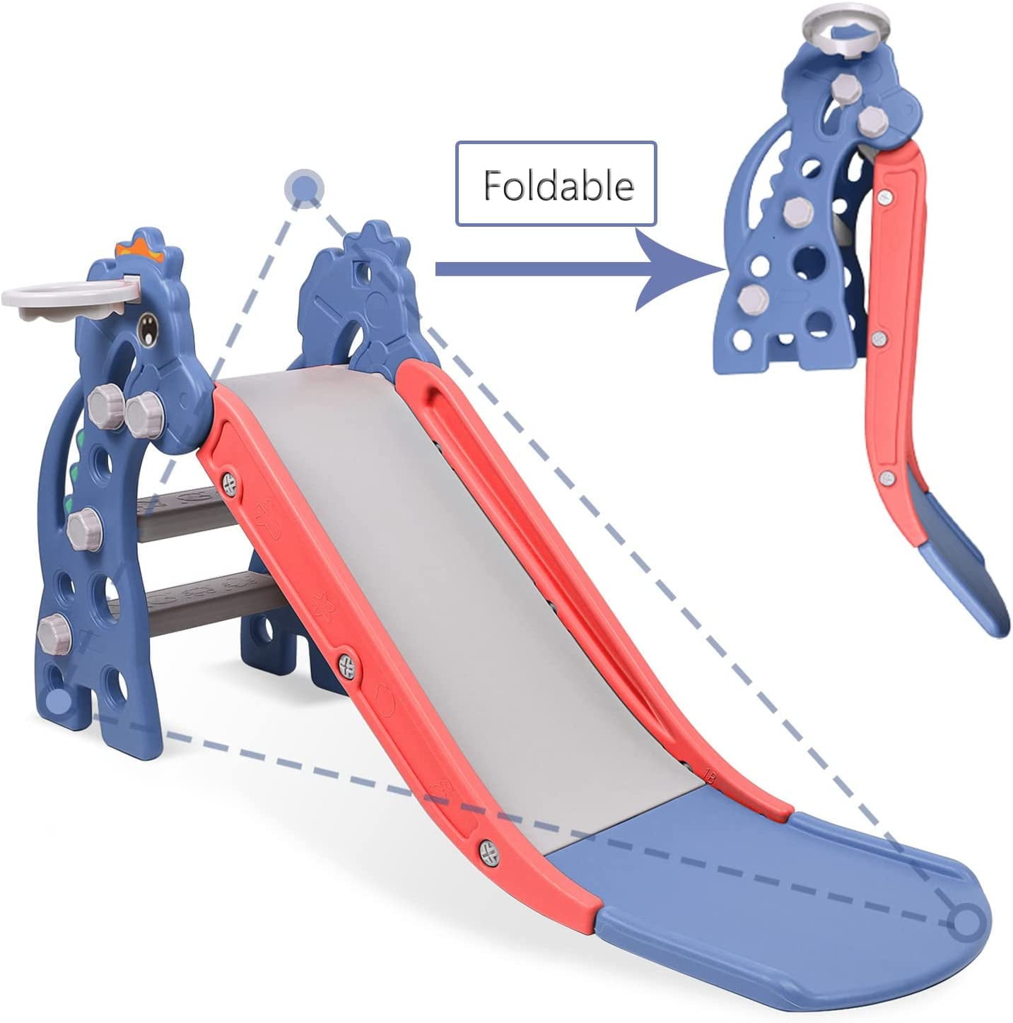 3 in 1 Slide for Kids, Toddler Slide Climber Set for Indoor Outdoor, Freestanding Game Slide with Extra Long Slipping Slope, Basketball Hoop and Ball for Boys & Girls (Blue)
