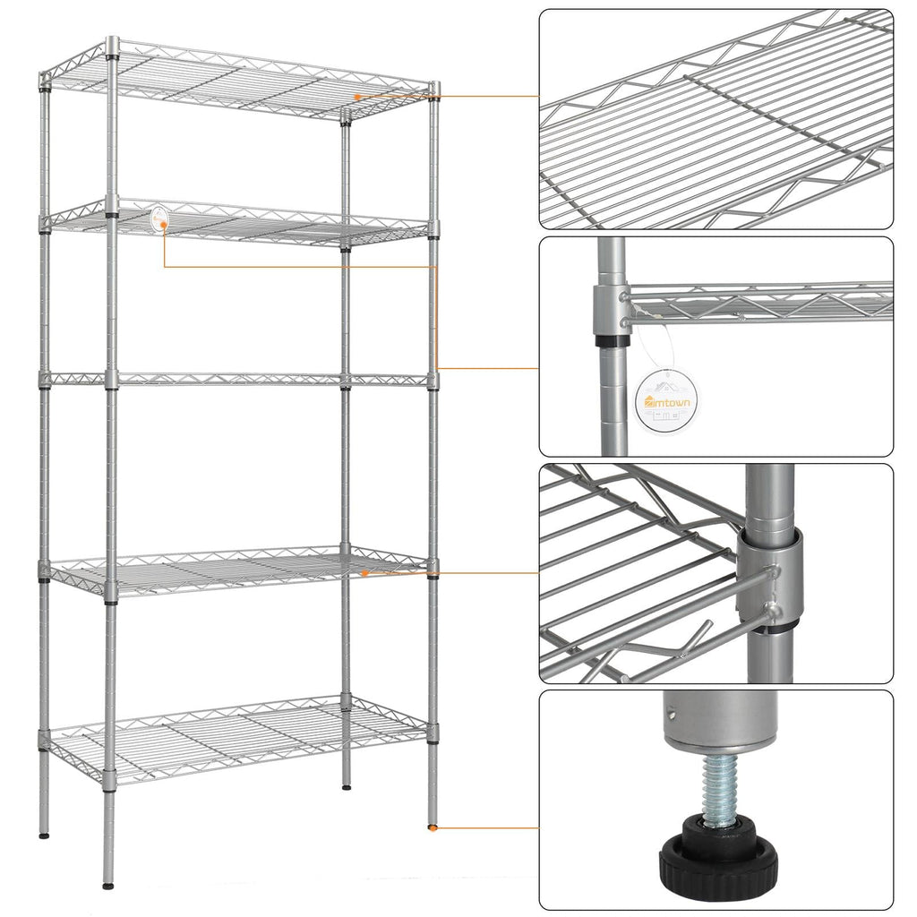 Ktaxon 5-Tier Wire Shelving Unit, Steel Storage Rack for Office Kitchen 30" W x 14" D x 60" H, Silver