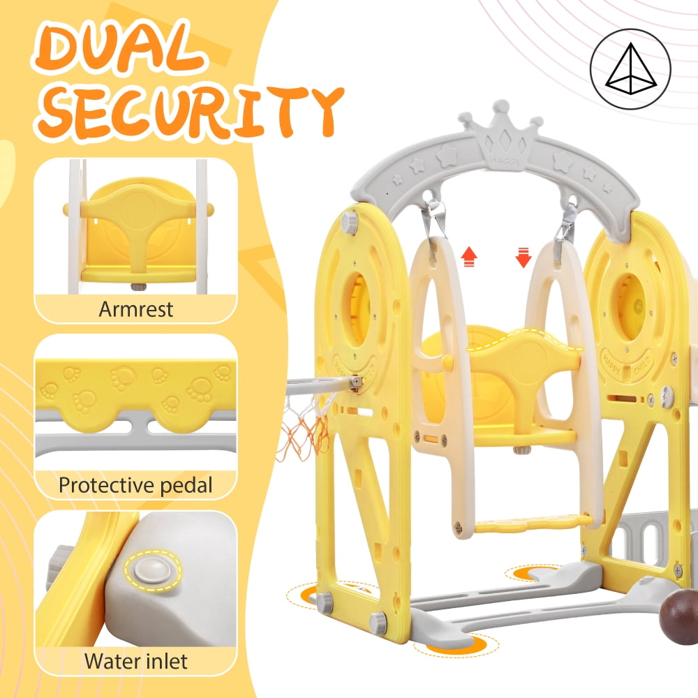 GERI 5 in 1 Toddler Slide, Climber Slide for Toddlers Age 1-5, Outdoor Indoor Playset for Toddlers with Basketball Hoo, Storage Space, Yellow