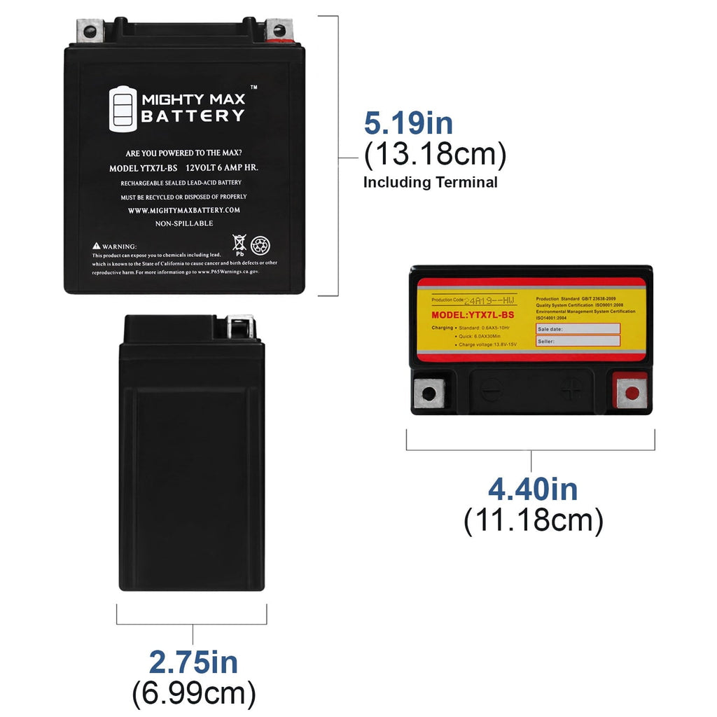 YTX7L-BS -12 Volt 6 AH, 100 CCA, Rechargeable Maintenance Free SLA AGM Motorcycle Battery