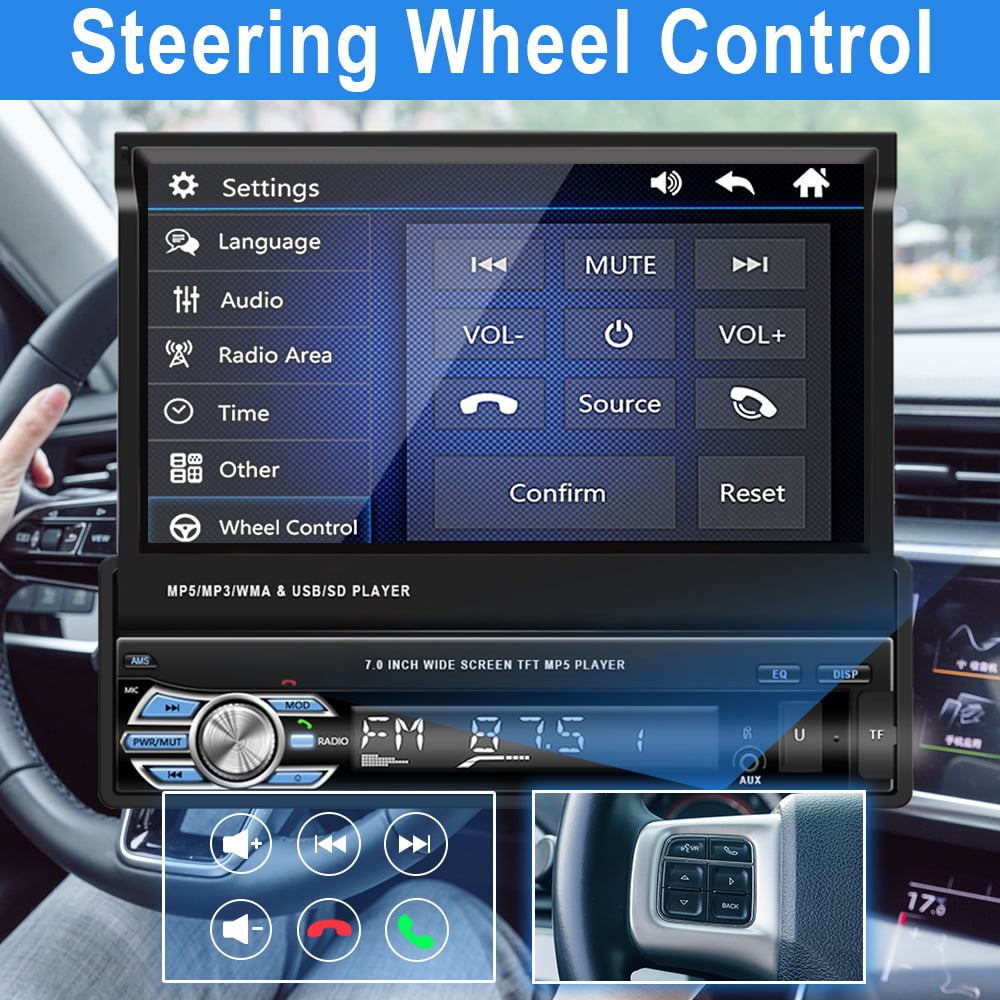 Podofo 1 DIN 7" HD Retractable Car Stereo Car Radio with Bluetooth Touch Screen Single Din Car MP5 Player Monitor SD FM USB with 4 LED Rear View Camera
