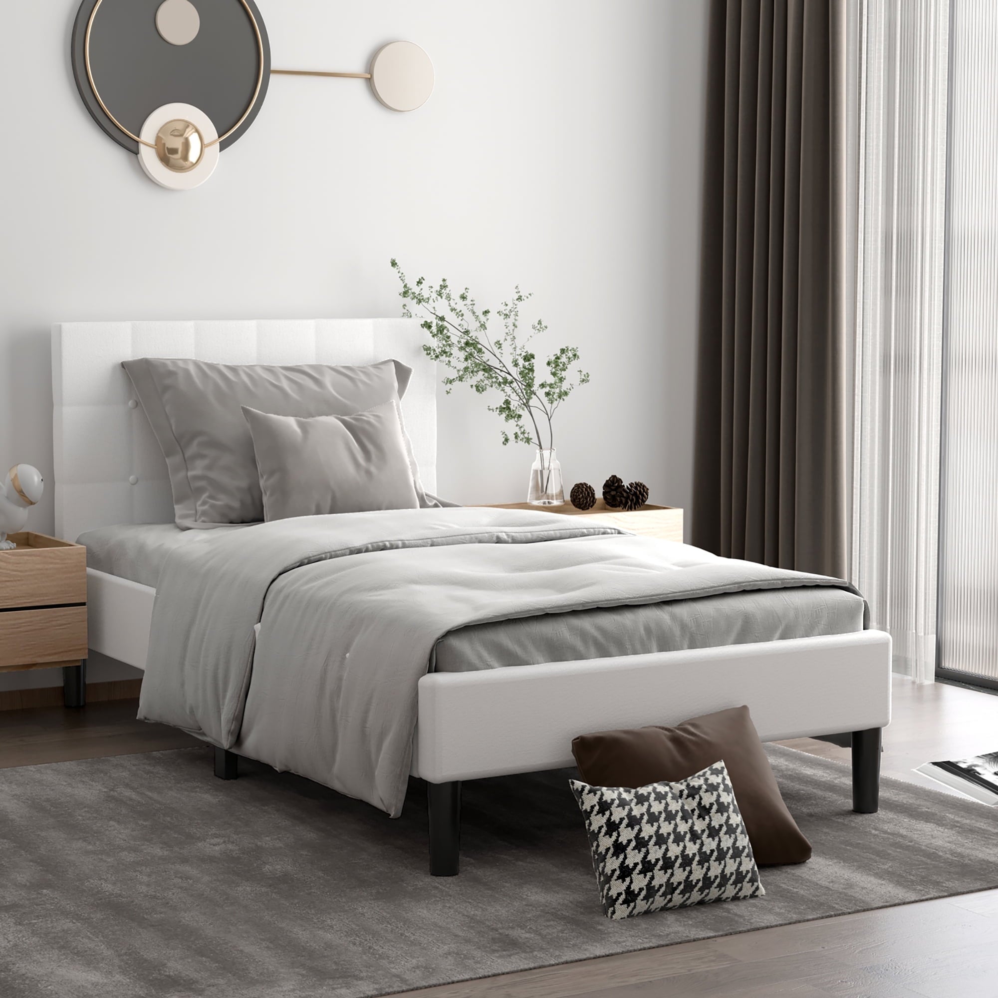 Costway Twin Upholstered Bed Frame Button Tufted Headboard Mattress Foundation Beige