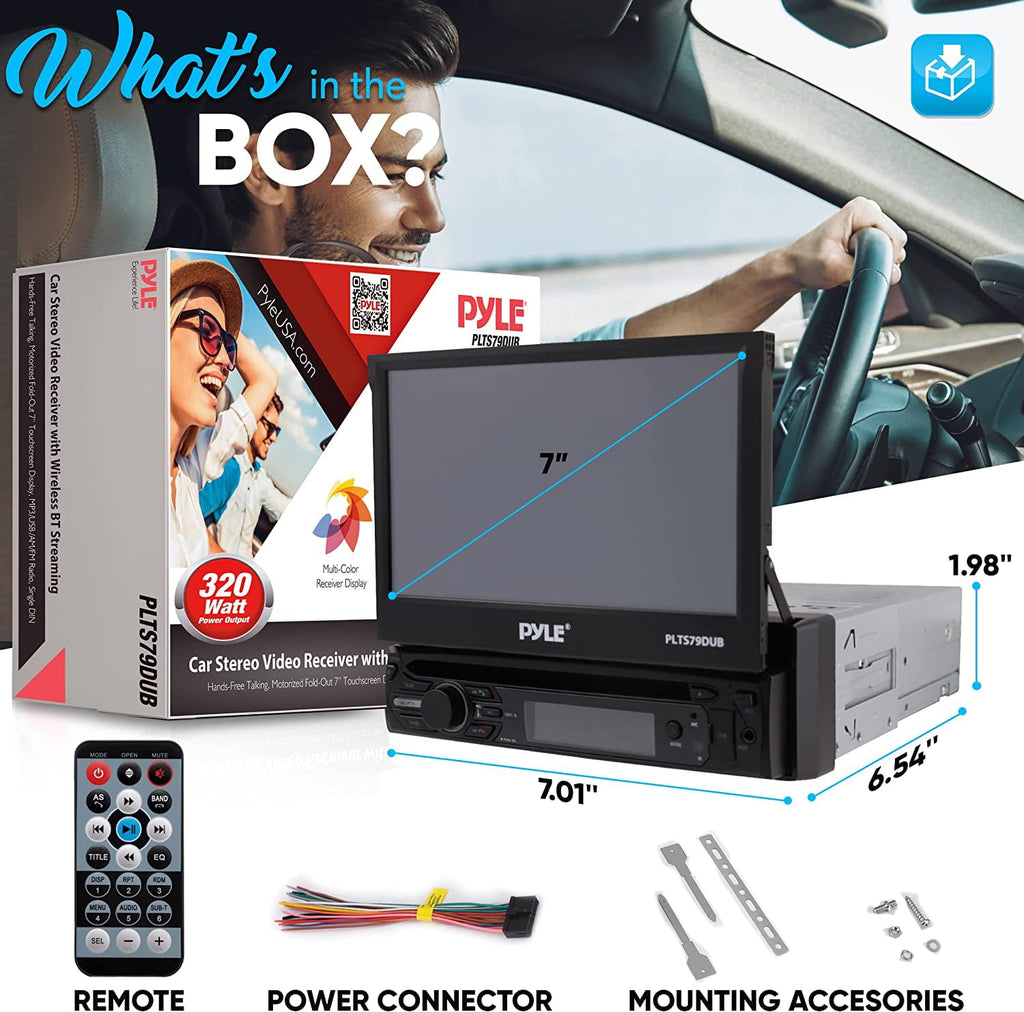 Pyle Car Stereo Video Receiver - Multimedia Disc Player, Motorized Fold-Out 7” Touchscreen Display