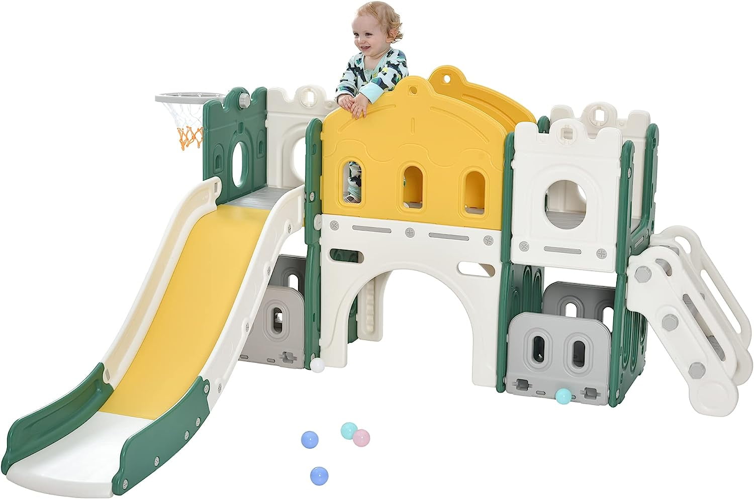 Holaki 6 in 1 Toddler Slide Set, Kids Slide for Toddlers, Kids Playing Climber Sliding Playset with Basketball Hoop, Tunnel and Storage Space, Toddler Playground Indoor Outdoor