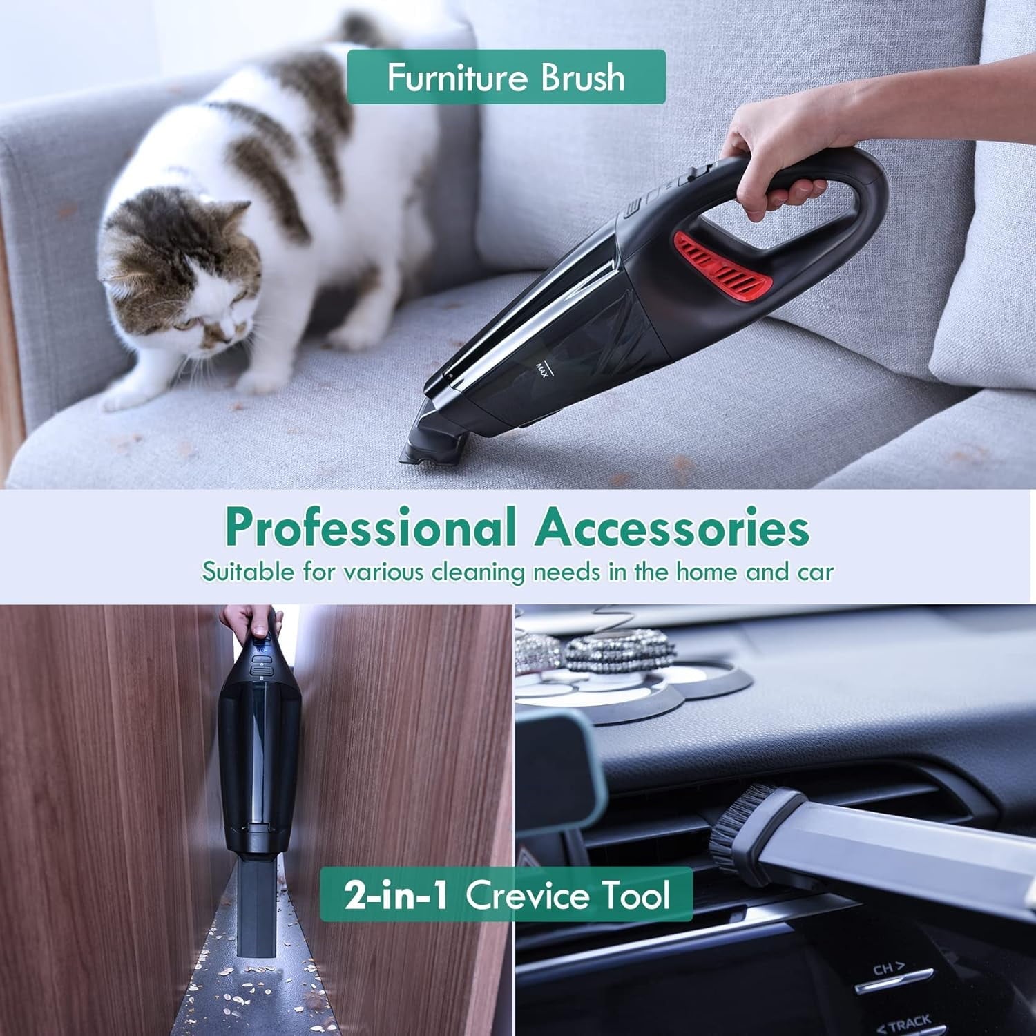Hommak Cordless Handheld Vacuum Cleaner 6Kpa, Wet & Dry Use, Portable Rechargeable Cordless Car Vacuum 30min Runtime, Hand Vacuum Cordless with 2 HEPA Filters & LED Light for Pet Hair Car Floor Home
