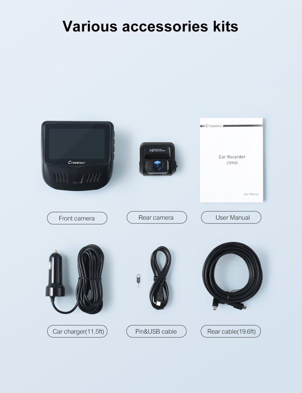Crosstour Dash Cam,Front and Rear 3” Dual Car Camera 1080P,External GPS Supported,Sony Sensor,32GB Max,Black