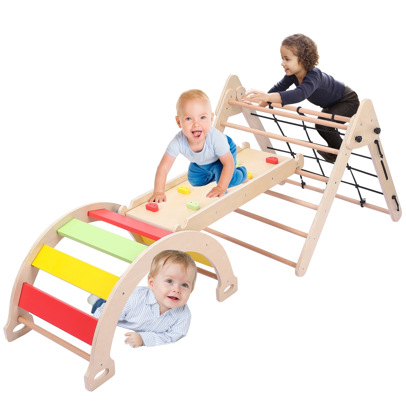 EastVita Toddler Indoor Gym Playset 2-in-1 Wooden Climbing Toys Triangle Folding Climbing for Climbing Sliding for Boys and Girls