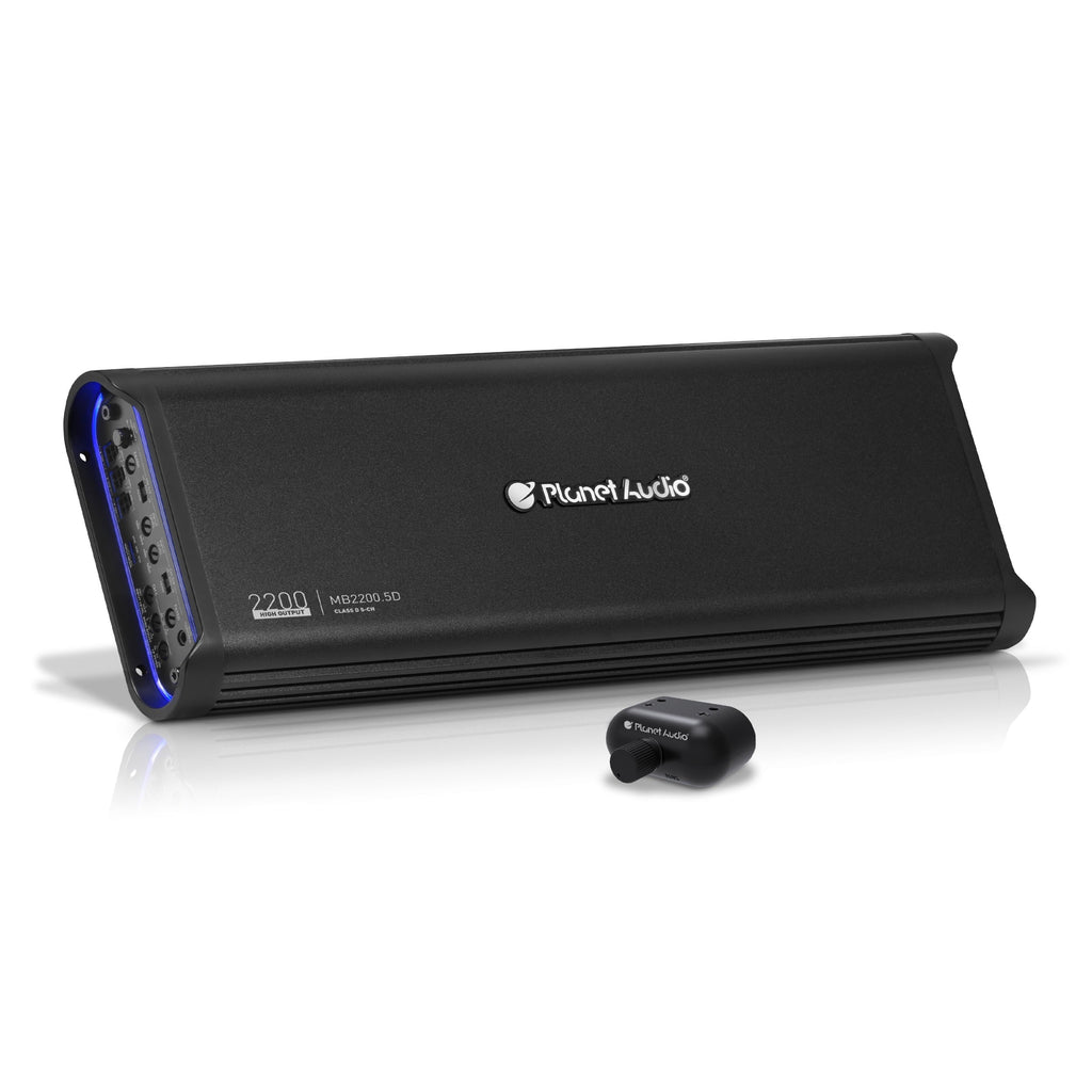Planet Audio MB2200.5D Mini Bang Series Car Audio Amplifier - 2200 High Output, 5 Channel, Class D, 2 Ohm, Low/High Level Inputs, Low/High Pass Crossover, Full Range, Hook Up To Stereo and Subwoofer