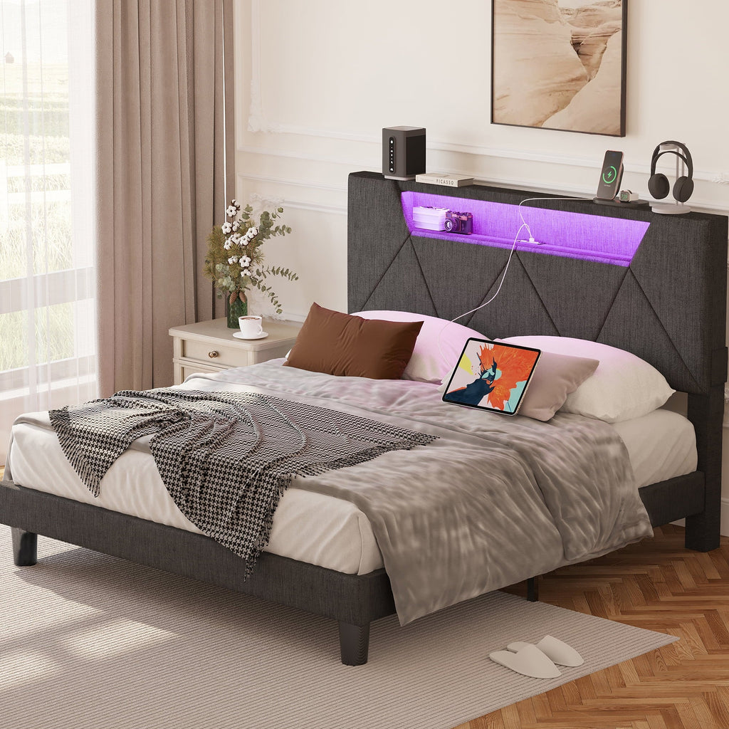 ANCTOR Queen Bed Frame with Storage Headboard & Charging Station for Adults,  Grey