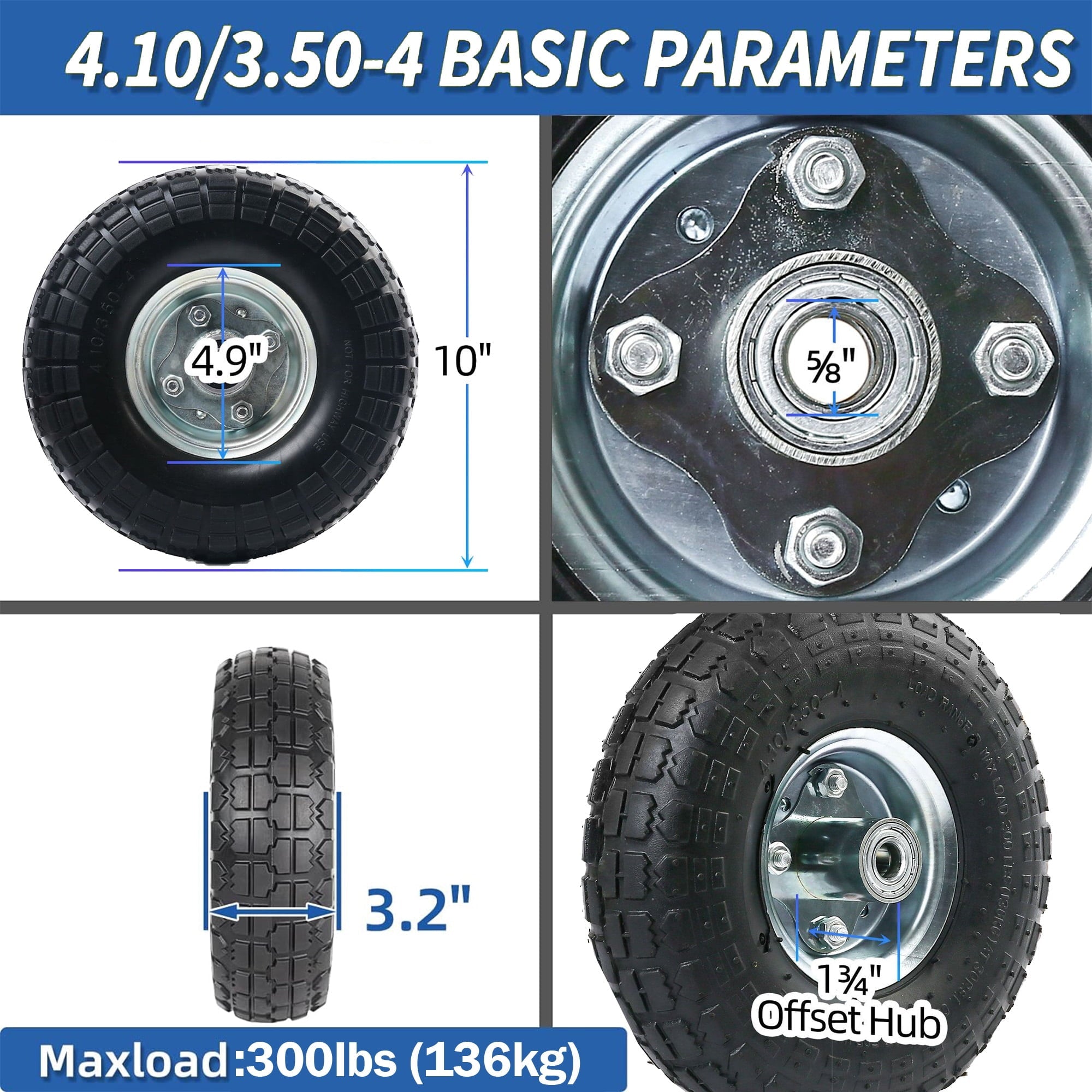 LotFancy 10 in Tire, 4.10/3.50-4 Solid Tyre Wheels Wear-Resistant Corrosion-Resistant for Hand Truck Gorilla Cart Garden Wagon Trolley Dolly Replacement Tire, 2 Pack