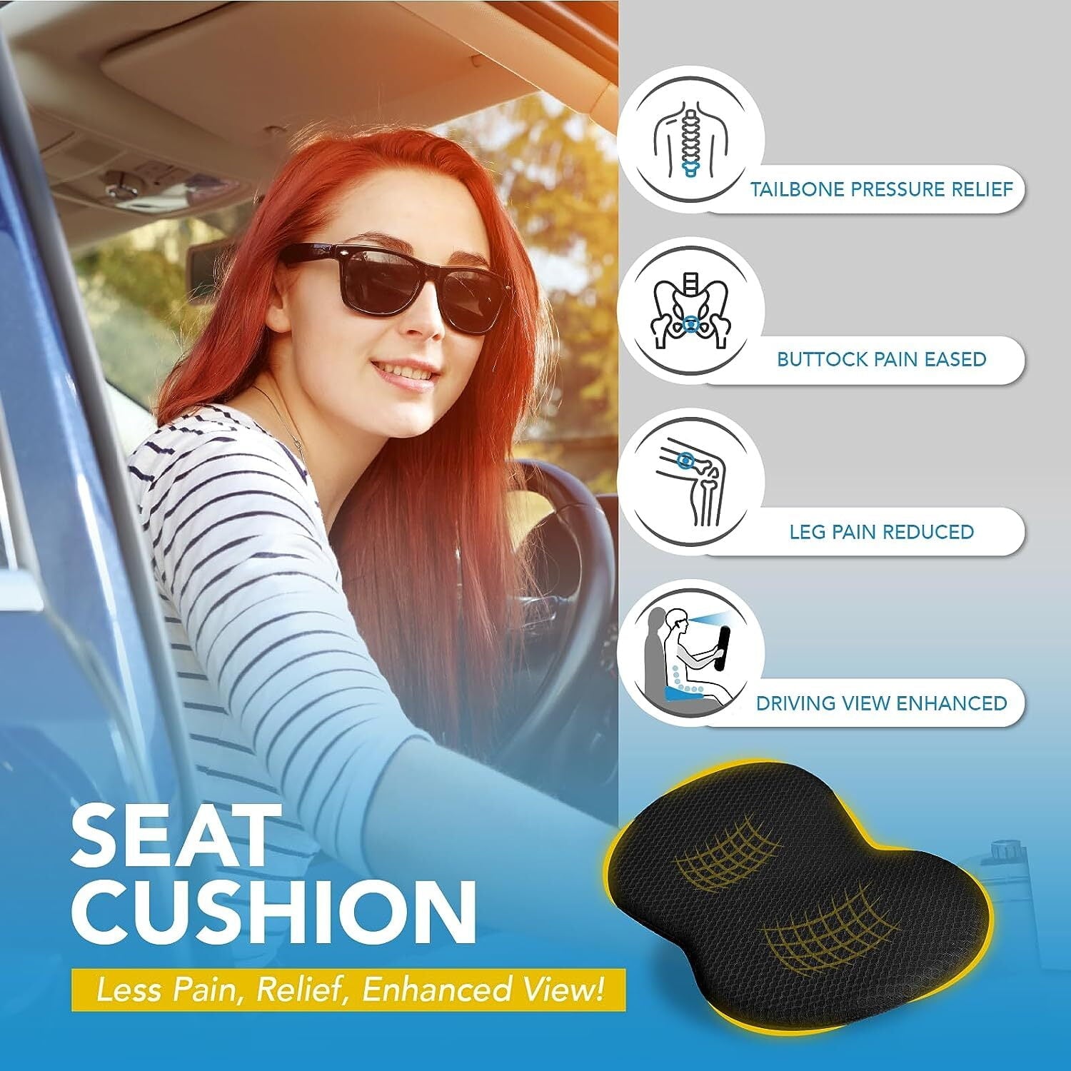 ORAKNIE Wedge Car Seat Cushion: Memory Foam Truck Seat Cushion for Car Seat Driver - Sciatica and Back Pain Relief for Drivers(Black)