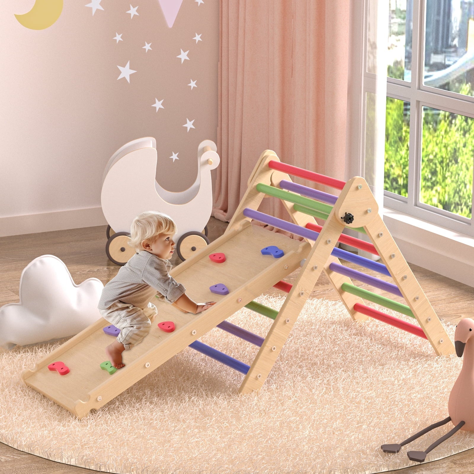 YUFU 2 in 1 Climbing Triangle Ladder with Ramp Foldable Wooden Triangle Climber Set Montessori Climbing Toys for Kids Ourdoor Indoor Playground Play Gym