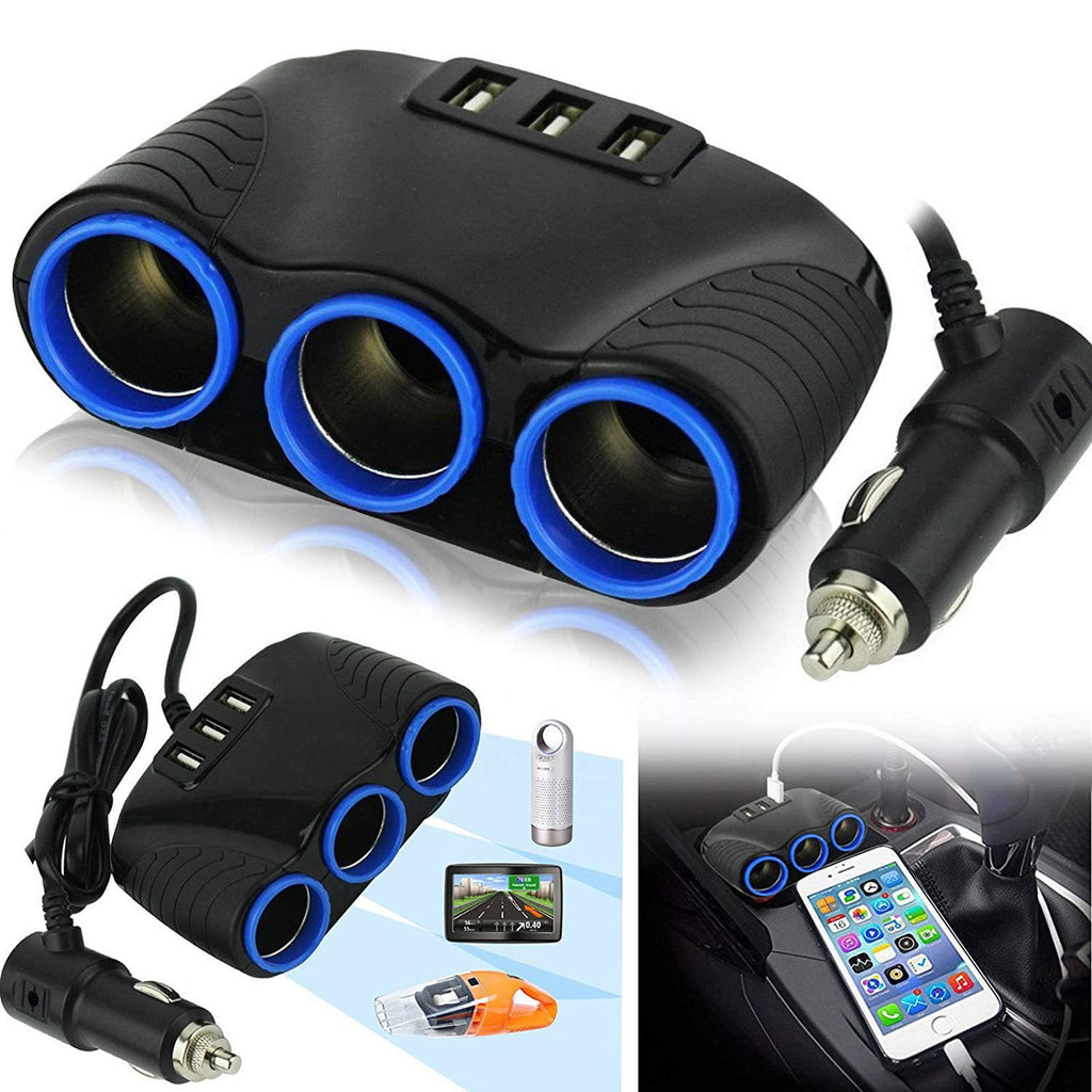 120W 3-Socket 3 USB Charging Port Cigarette Lighter Splitter, EEEkit Car Charger Power Adapter with Blue LED Light, DC 12V/24V Multi-Power Outlet Fit for GPS, Dash Cam, Smart Phones, iPad