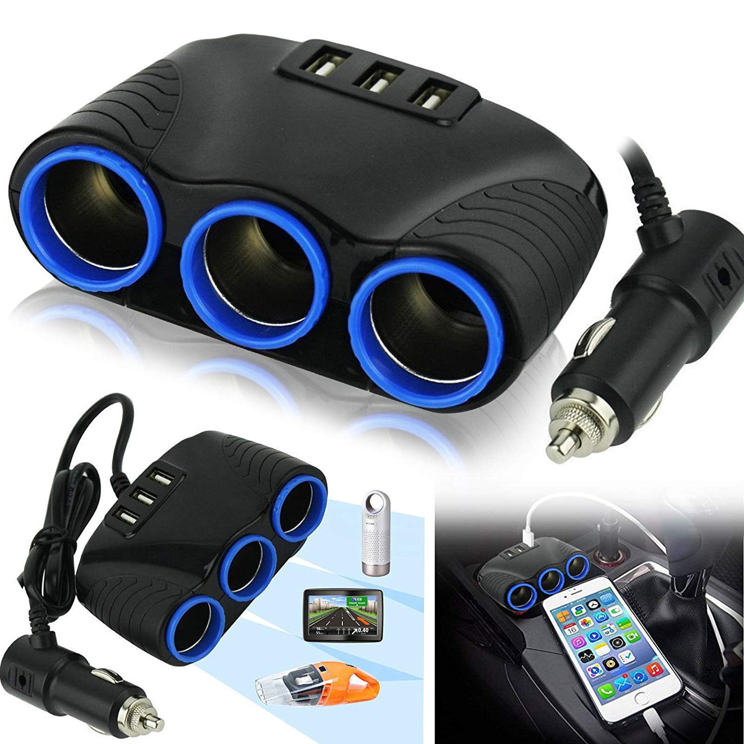 120W 3-Socket 3 USB Charging Port Cigarette Lighter Splitter, EEEkit Car Charger Power Adapter with Blue LED Light, DC 12V/24V Multi-Power Outlet Fit for GPS, Dash Cam, Smart Phones, iPad