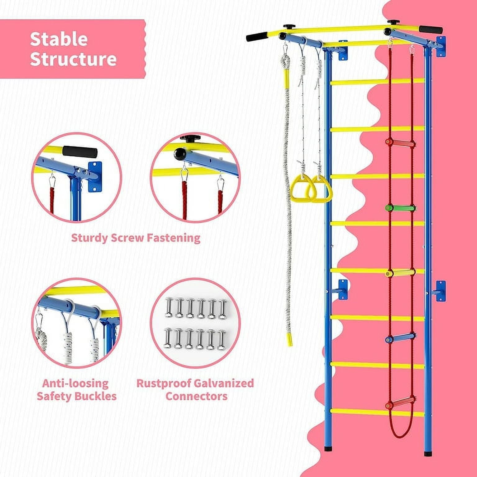 Cuoote 5 in-1 Metal Wall Ladder Stall Bars Set, Indoor Kids Gym for Exercise, Ladder Wall Set with Wall Ladder, Pull-up Bar, Climbing Rope, Gymnastic Rings, Kids Climbing Toys for Boys Girls