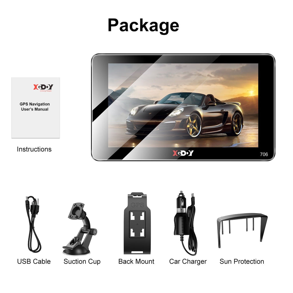 XGODY 2.5D Screen 7 inch Car GPS Navigation for Car 8GB+256 Truck GPS for Car with Speed Camera Warning Lifetime Free Map Update