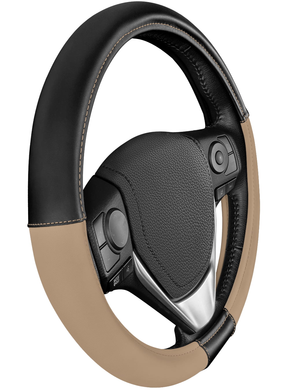 CATERPILLAR Two Tone Ergonomic Soft Leather Grip Steering Wheel Cover - Strong, Durable and Comfortable Universal Size 14.5-15.5" (Dark Gray / Black)