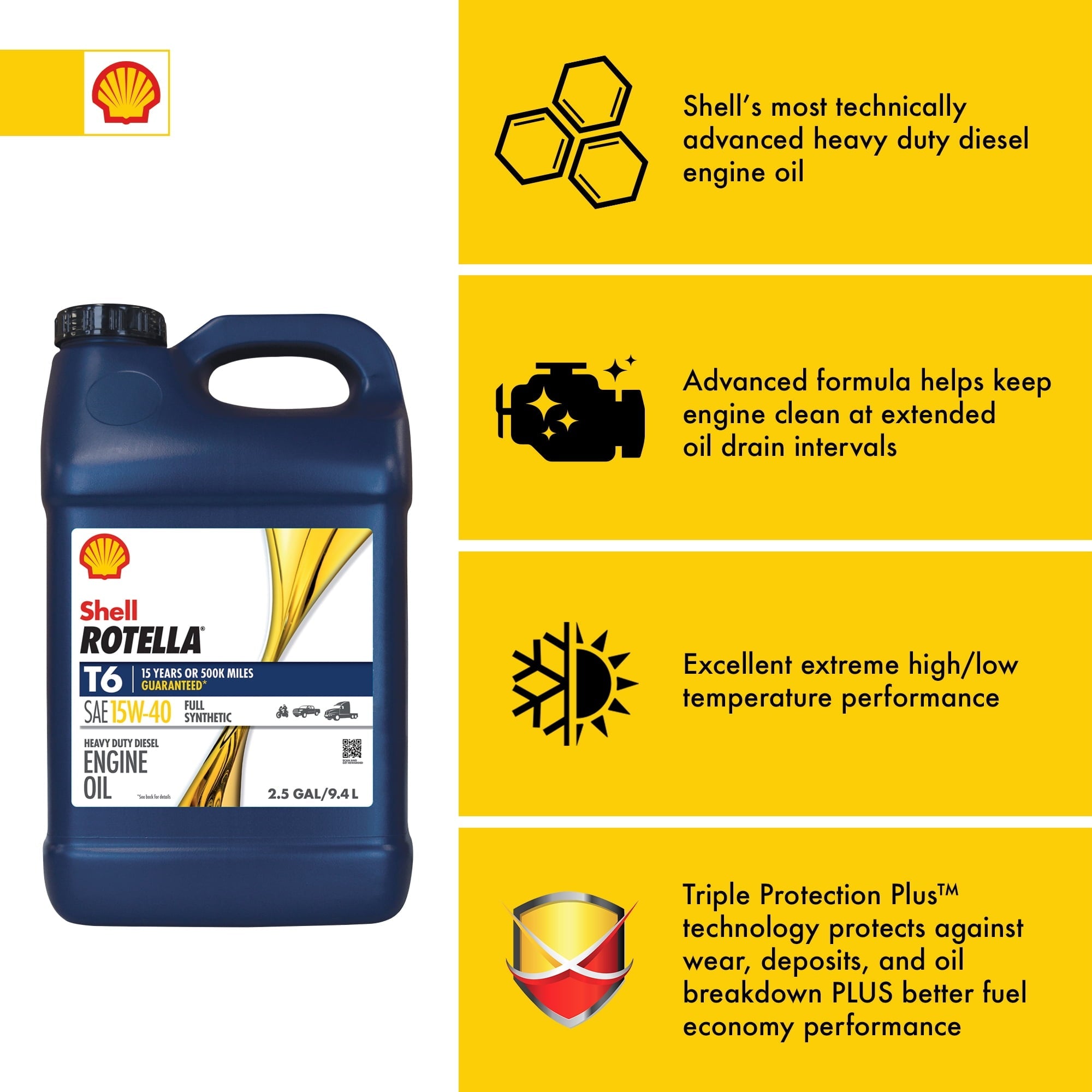 Shell Rotella T6 Full Synthetic 15W-40 Diesel Engine Motor Oil, 2.5 Gallon