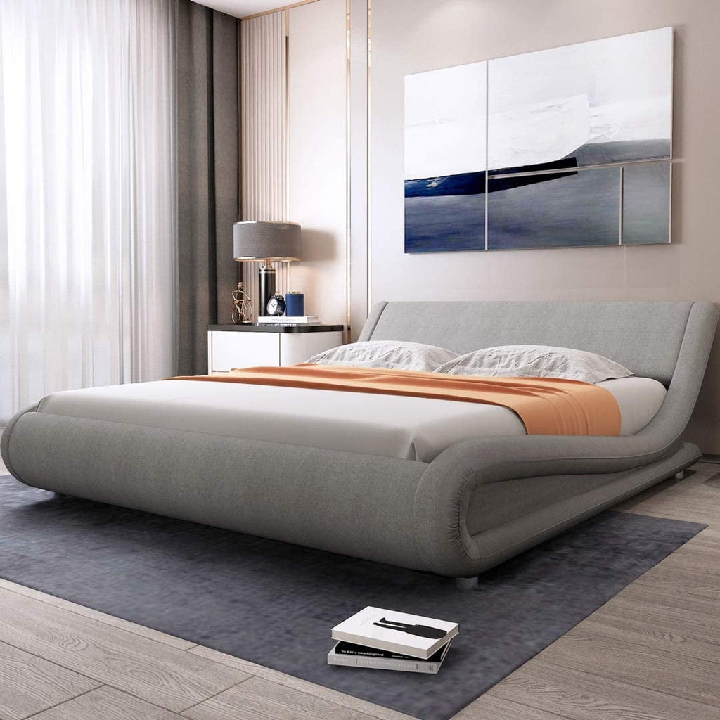 Allewie Full Size Platform Bed Frame with Curved Adjustable Headboard, 100% Fabric Upholstered Style, 10'' Mattress Recommended, Grey