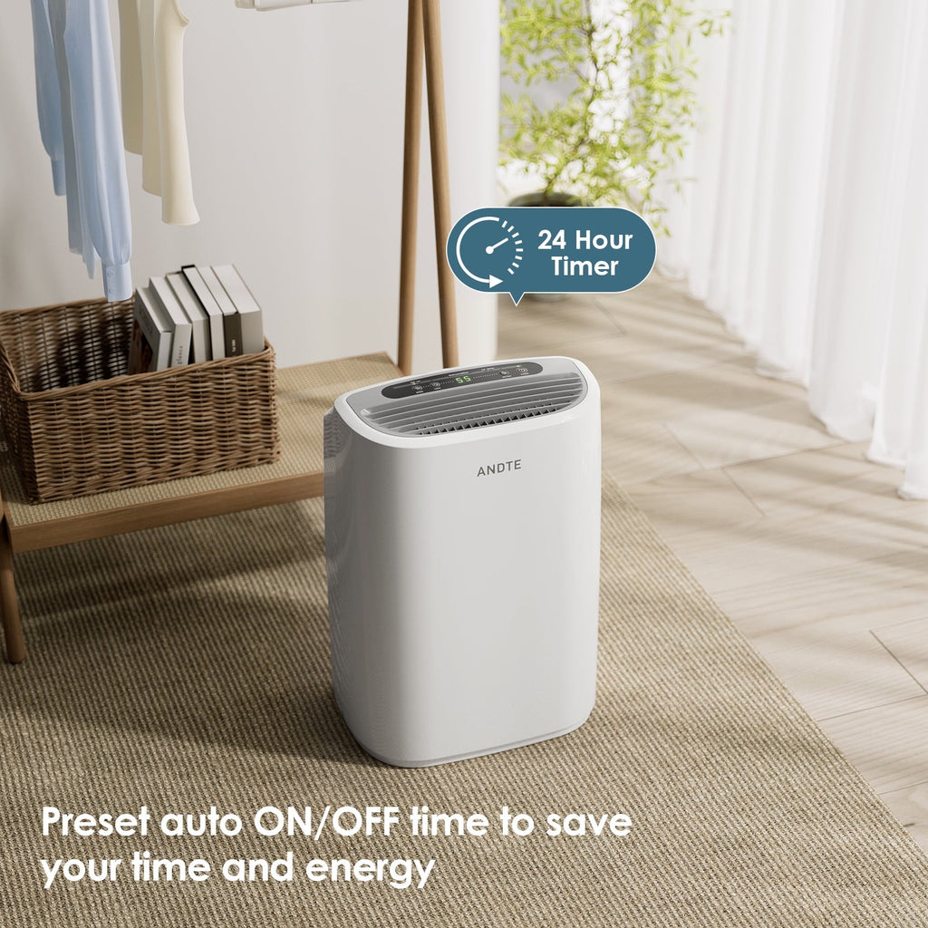 ANDTE 31 Pints Dehumidifiers, Spaces up to 2500 Sq.ft, Auto/Manual Drainage, 0.53 Gallon Water Tank, Auto Defrost, Dry Clothes Function, 24H Timer