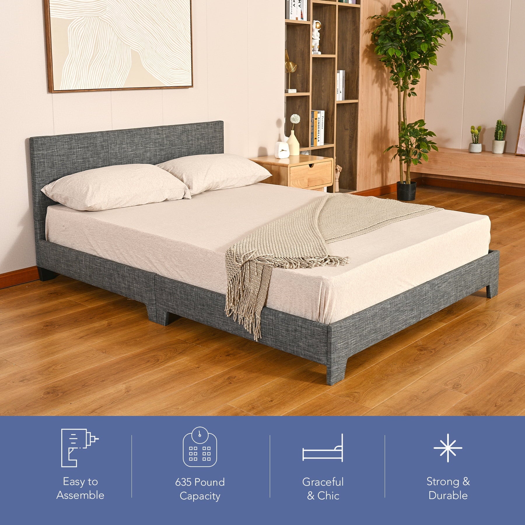 Bestco Sturdy Full Bed Platform with Headboard Steel Frame Wood Slats 635lb Cap, Gray