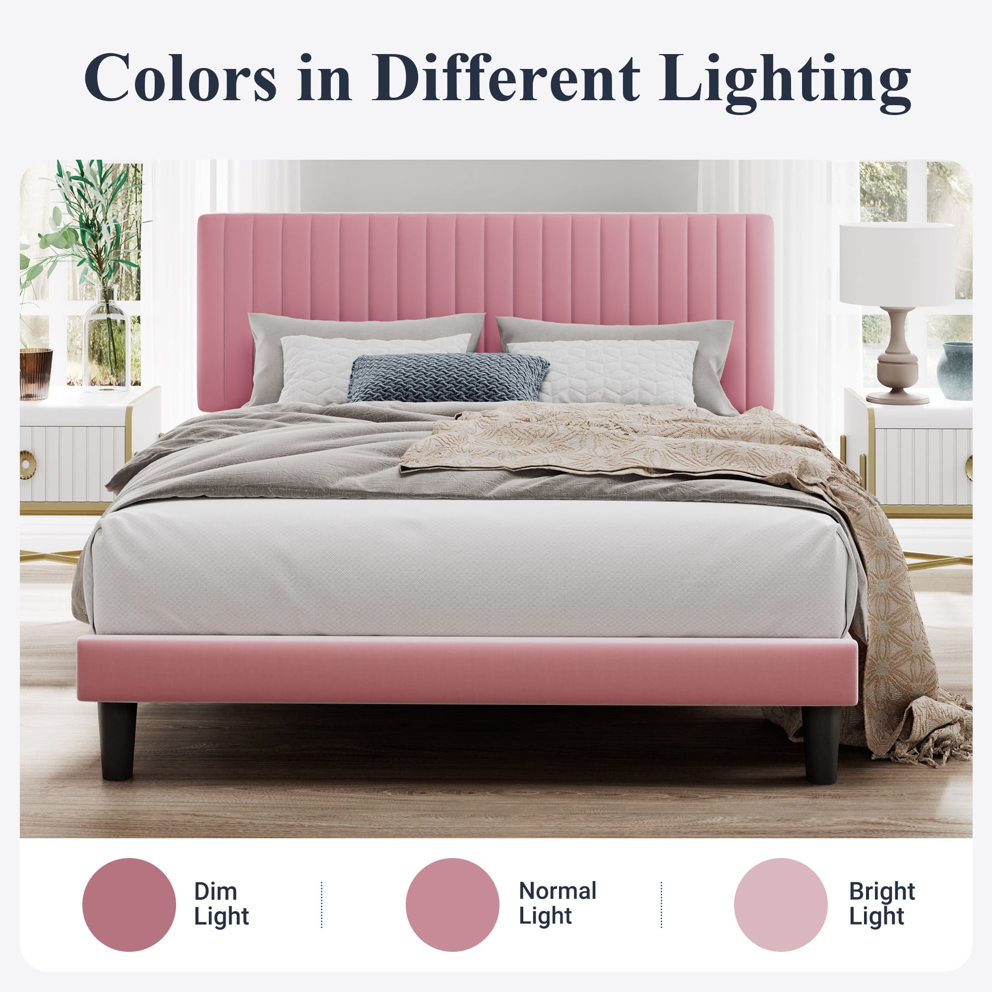SHA CERLIN Pink Queen Size Upholstered Platform Bed Frame with Adjustable Channel Velvet Headboard, Adult